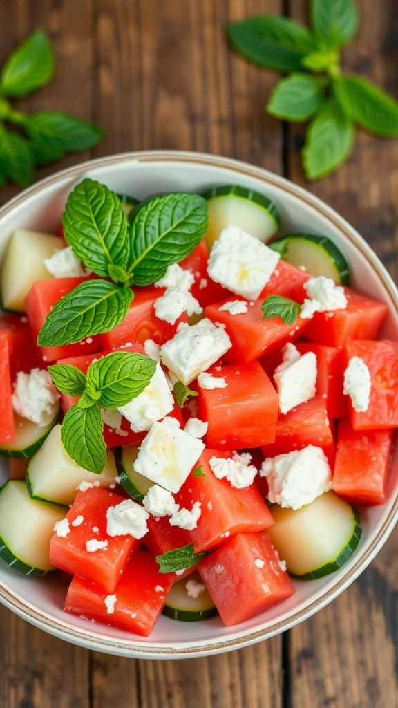 A colorful feta watermelon cucumber salad with watermelon, cucumber, feta cheese, and mint on a wooden table.